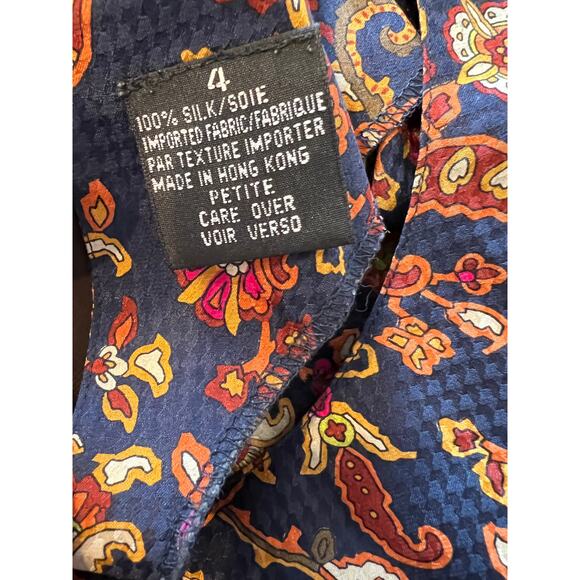Vintage 80s Anne Klein Silk print short sleeve top Navy Blue 4 - Picture 6 of 6